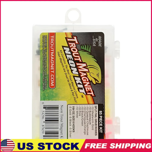 Neon Softbait Kit 85pc with 7 Colors Split-Tail Grubs Shad-