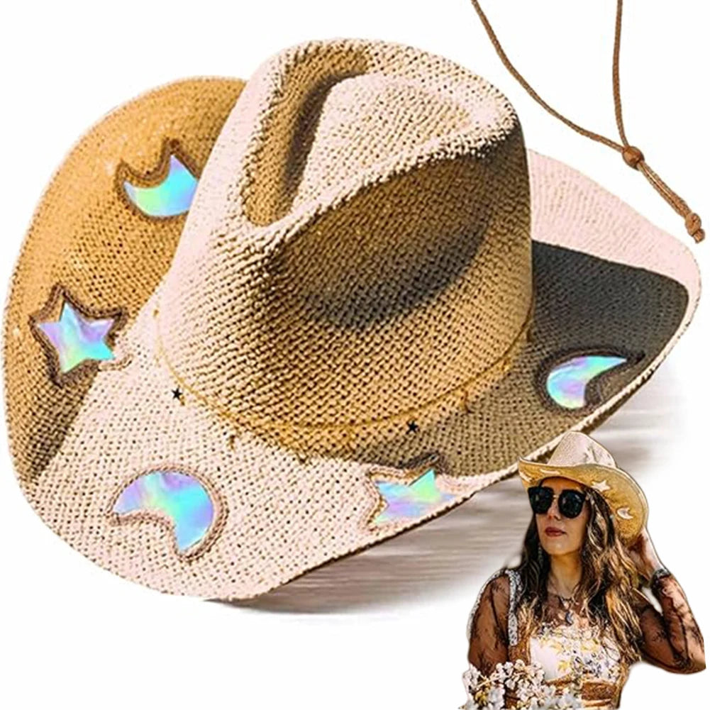 Straw Western Cowboy Hat 
Out Curled Wide Brim Sun Hat Fishing Hat Climbing Cap for Women Men
