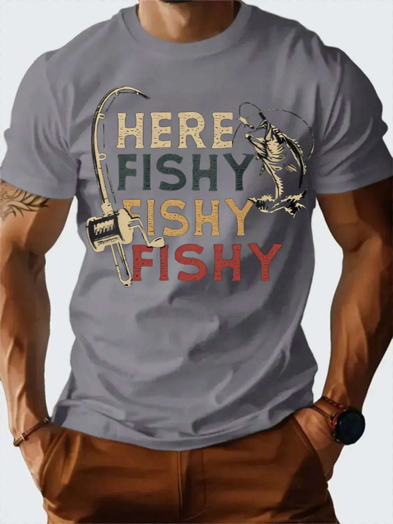 T Shirt  100% Cotton Summer Vintage fishing pattern Casual Slim Fit Round Neck Short Sleeved T-shirt Top