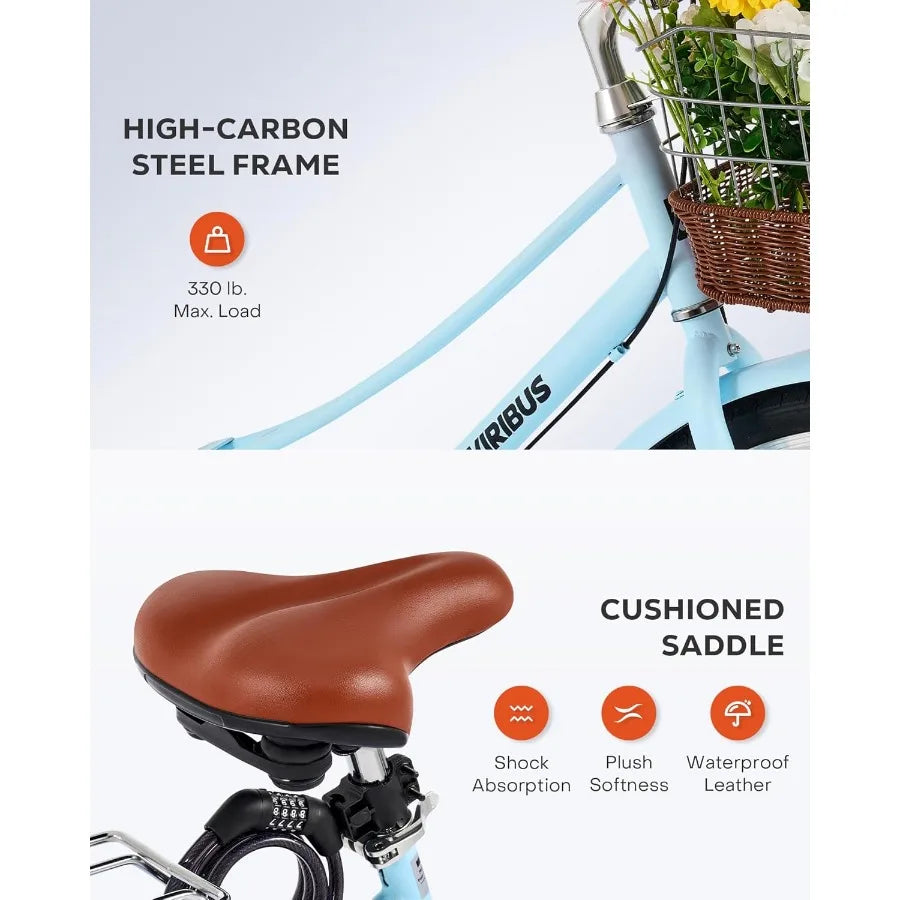 Beach Cruiser Bike for Women Step Through Bike with  Basket Rack Lock 24 26 inch 1 Speed