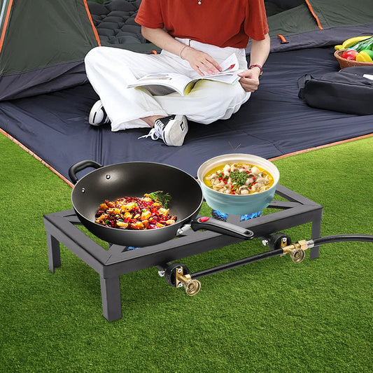Portable Double Burner Outdoor Gas Stove Propane Cooker with Adjustable 0-10Psi Regulator Hose