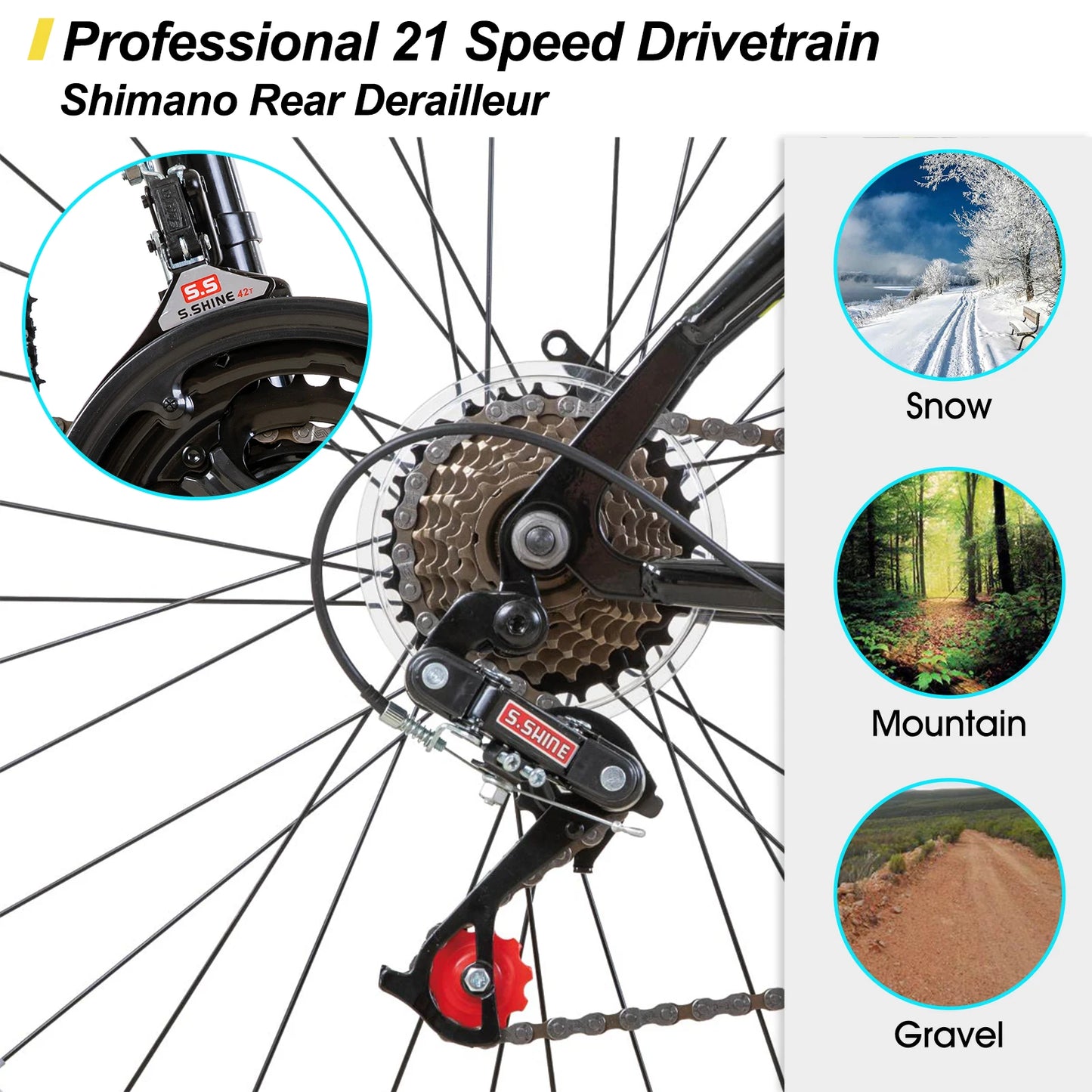 Hiland 24 26 inch Mountain Bike for Men Women, 21 Speeds High-Carbon Steel Frame,