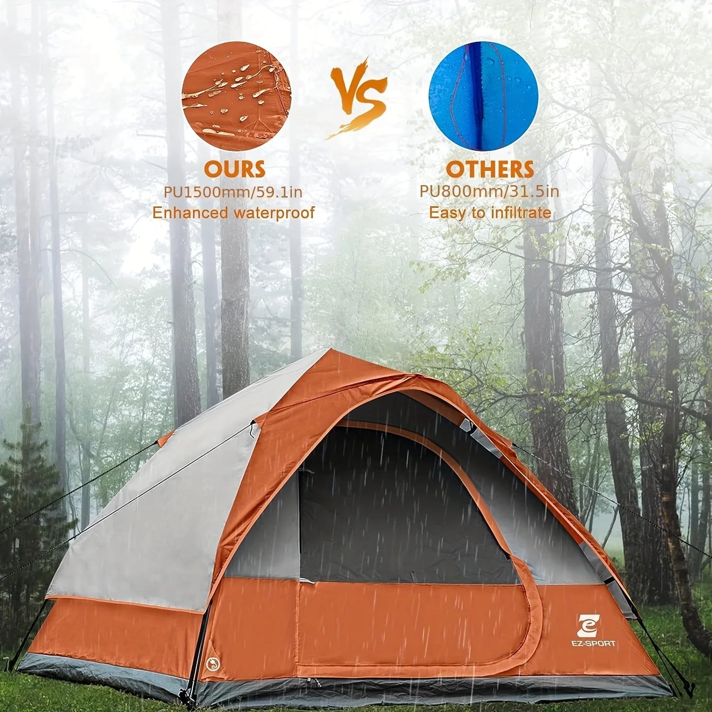 Pop Up Camping Tent - 4 Person  with Removable Rain Fly, Waterproof Windproof