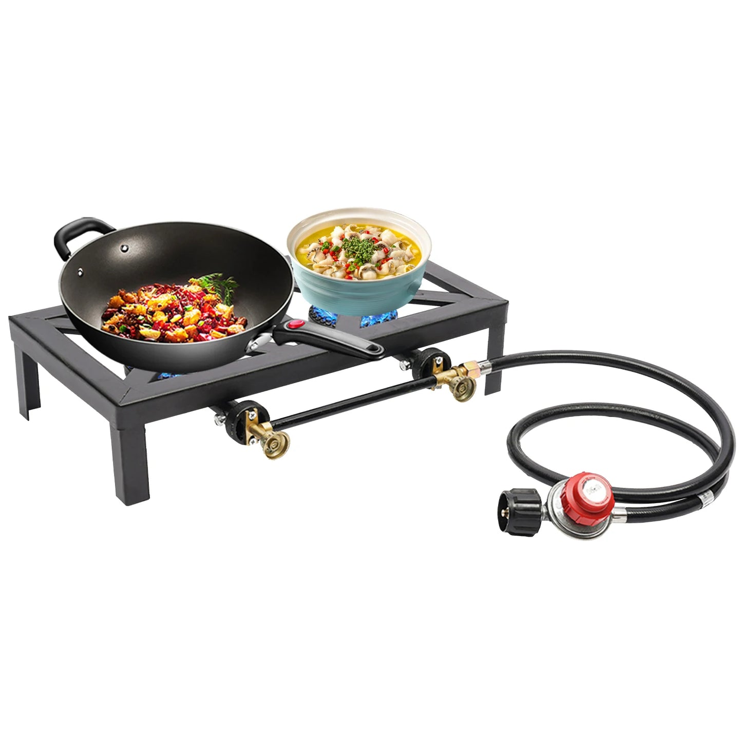 Portable Double Burner Outdoor Gas Stove Propane Cooker with Adjustable 0-10Psi Regulator Hose