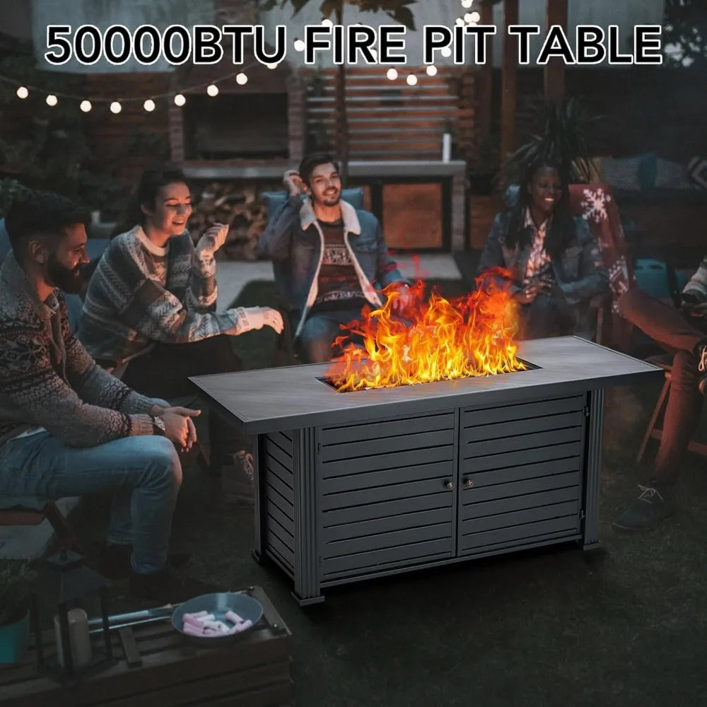 57 Inch Propane Fire Pit Table, 50000BTU Outdoor Gas Fire Pits Rectangular with Rain Cover, Sturdy Steel and Iron Fence Surface,