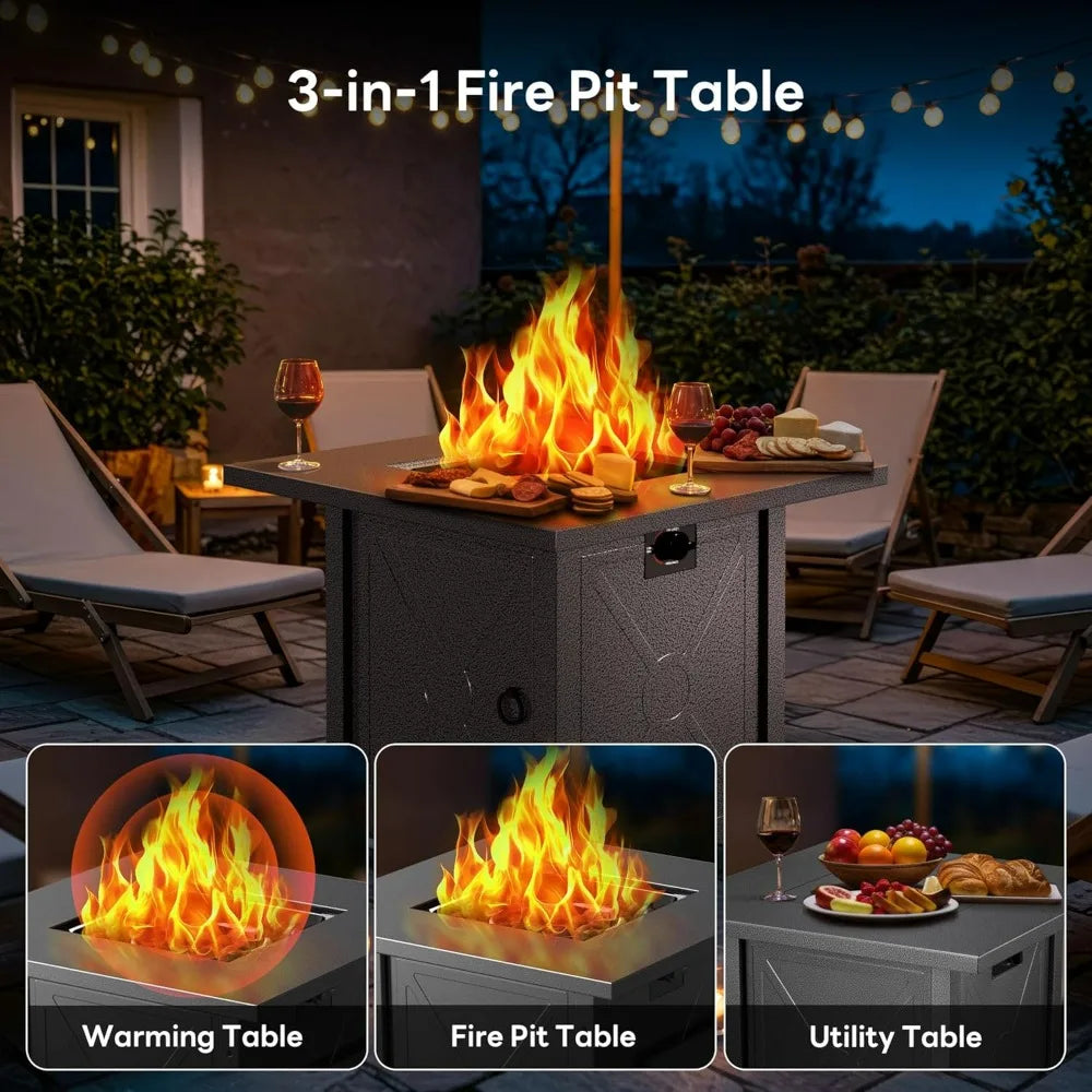 50,000 BTU Propane Fire Pit Table, 28 Inch, 3-in-1 Multi-Function with Steel Top, Lava Rocks, and Adjustable Flame