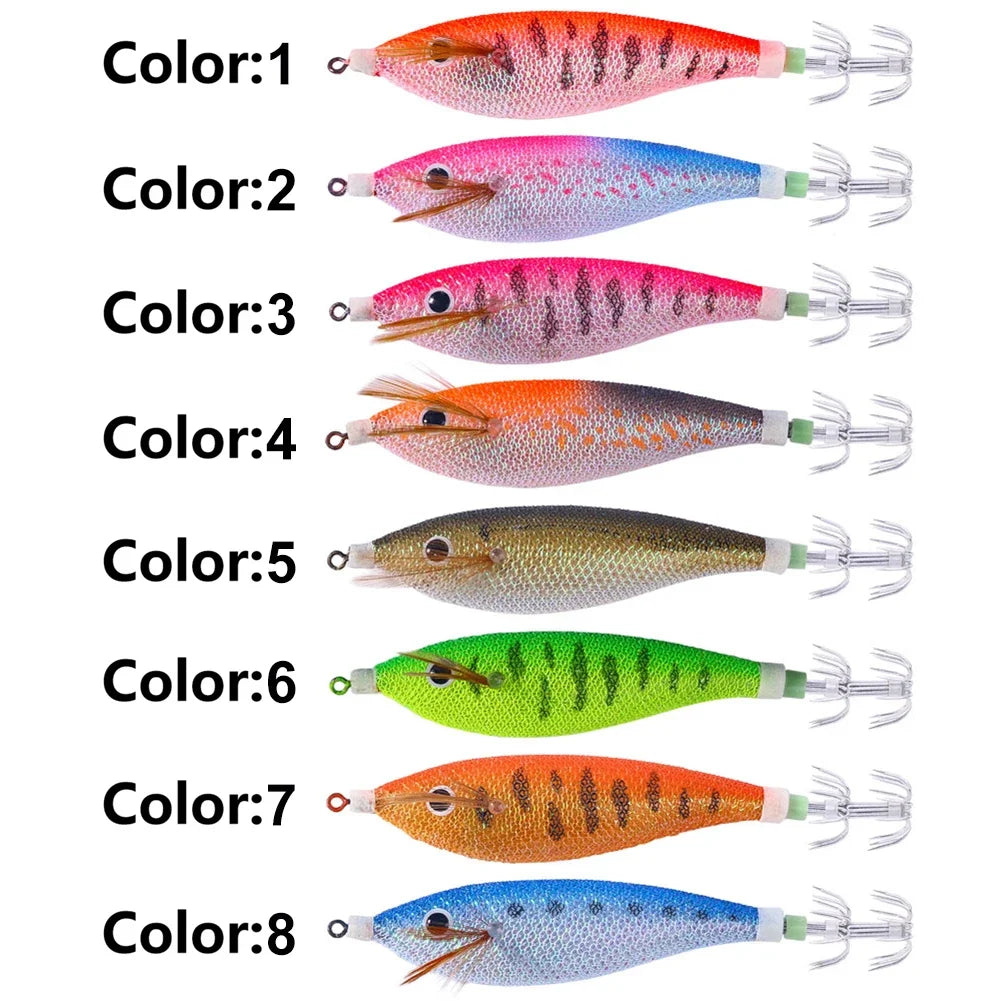 Glowing Horizontal Squid Trolling Lure Jigging  Wood Shrimp Hooks Octopus Bait