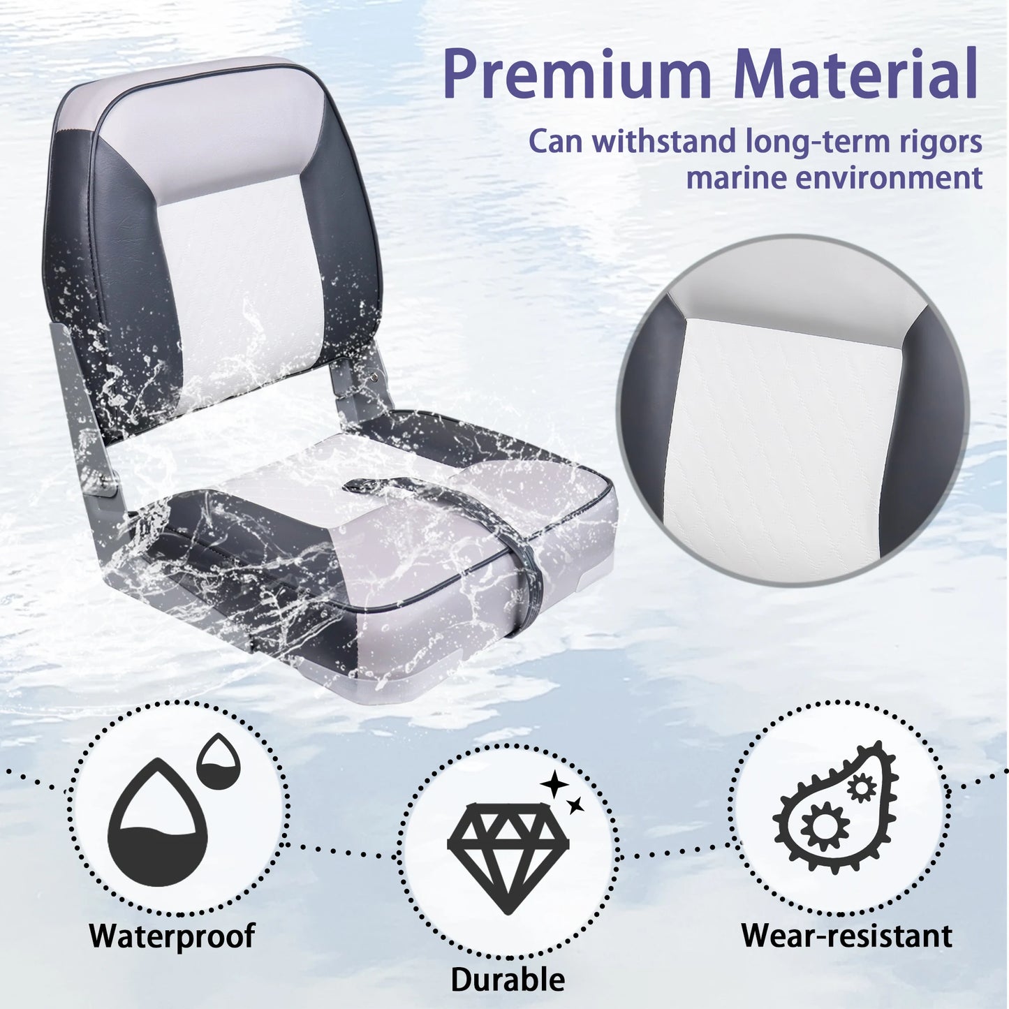 Low Back Boat Seats Marine Folding Chair Universal Fit for Fishing Yachts 1 Pack White and Gray