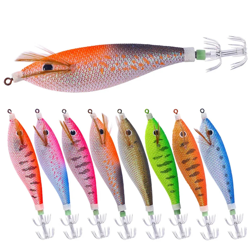 Glowing Horizontal Squid Trolling Lure Jigging  Wood Shrimp Hooks Octopus Bait
