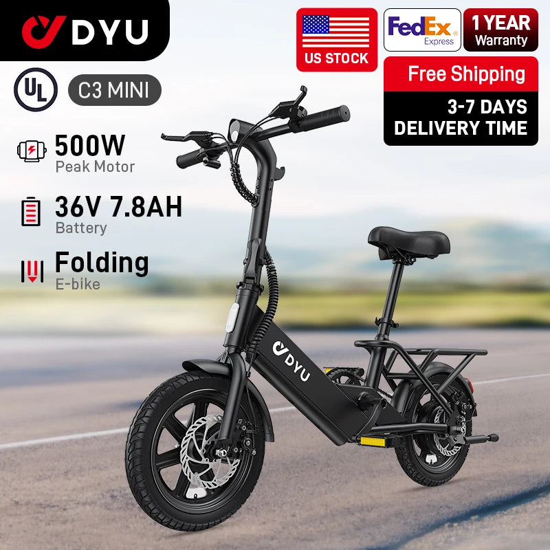 【1 Year Warranty】DYU C3 14 inch Electric Bicycle Peak 500W Motor 36V7.8AH Lithium Battery Electric Bike , E-bike UL2849