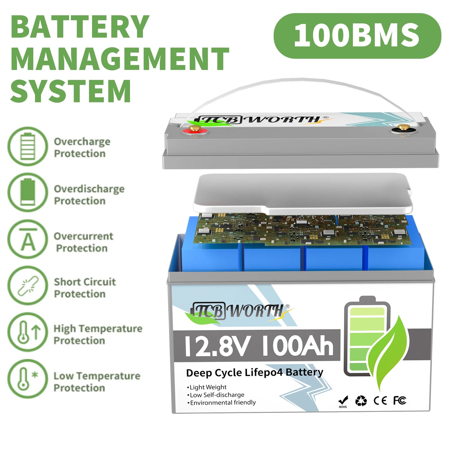 12V 100Ah LiFePO4 Battery With 100A BMS Lithium Battery 6000+ Deep Cycle