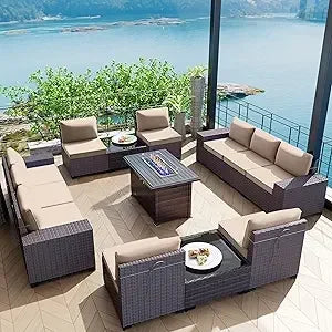 13 Pieces Outdoor Patio Furniture Set with 43" 55000BTU Gas Propane Fire Pit Table PE Wicker Rattan Sectional Sofa Patio