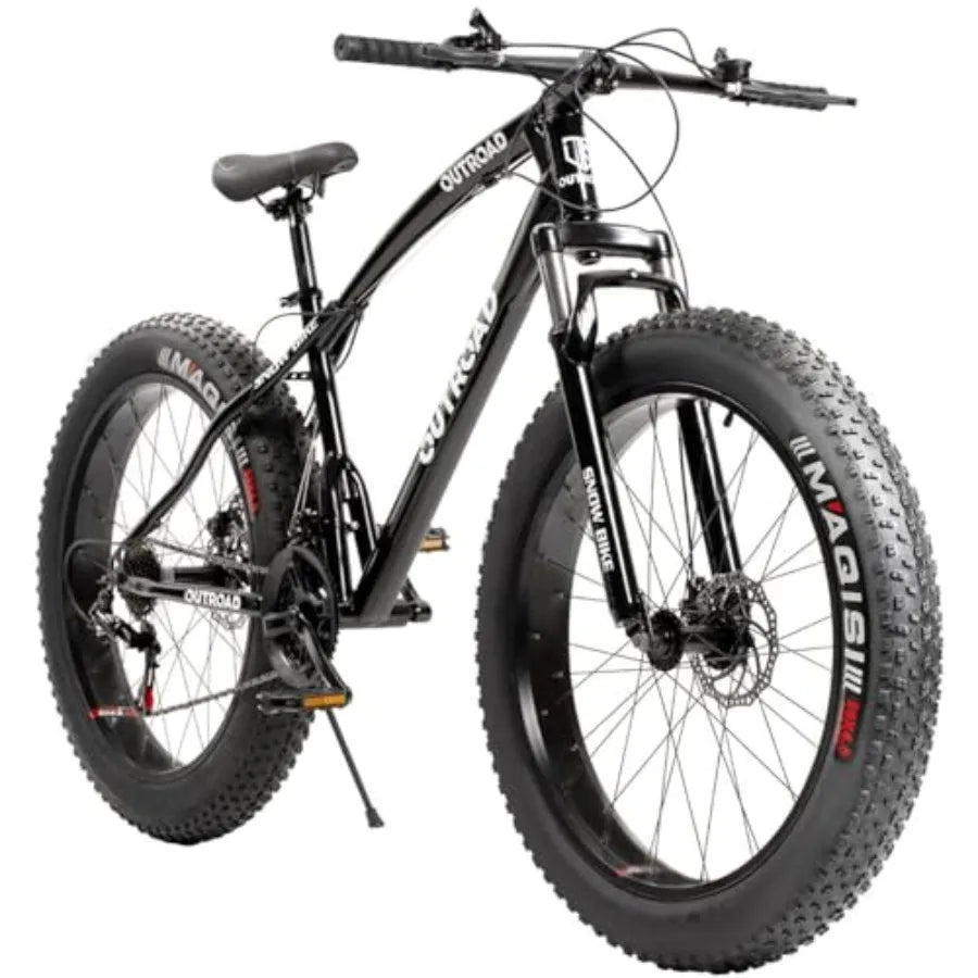26 Inch Fat Tire Mountain Bike with Dual Disc Brakes Black 7 Speeds Gear High Carbon Frame Front Suspension 4 Inch Wide Tires F