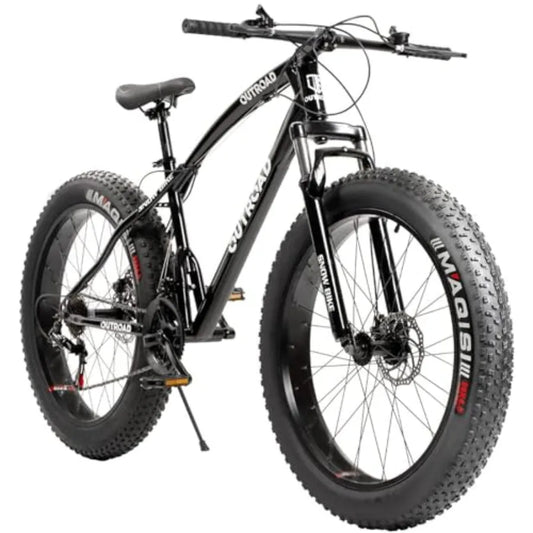 26 Inch Fat Tire Mountain Bike with Dual Disc Brakes Black 7 Speeds Gear High Carbon Frame Front Suspension 4 Inch Wide Tires F