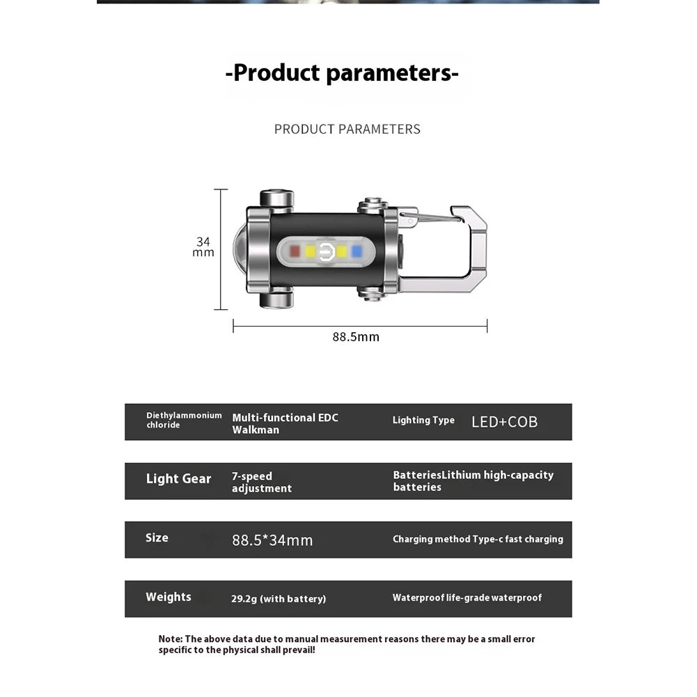 COB LED Keychain Flashlight Multifunctional Ultralight Camping Flashlight Type-C USB Rechargeable Waterproof for Camping Hiking