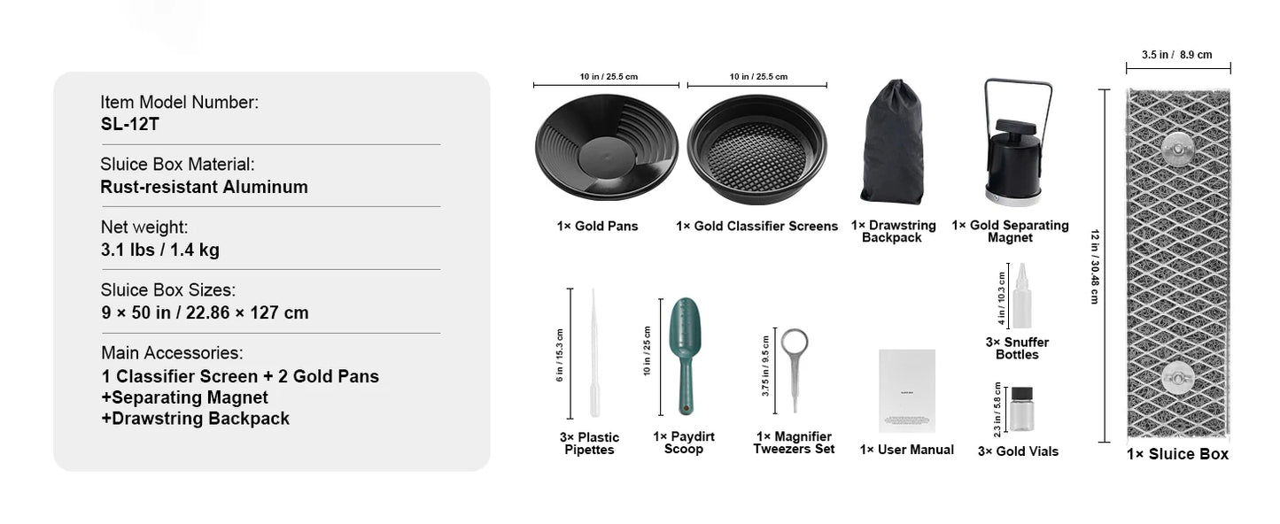 SucceBuy 50" 12" Complete Sluice Box Gold Panning Kit Aluminum Alloy Gold Mining Equipment 23/16 PCS Gold Prospecting Kit