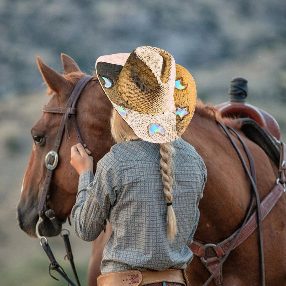 Straw Western Cowboy Hat 
Out Curled Wide Brim Sun Hat Fishing Hat Climbing Cap for Women Men