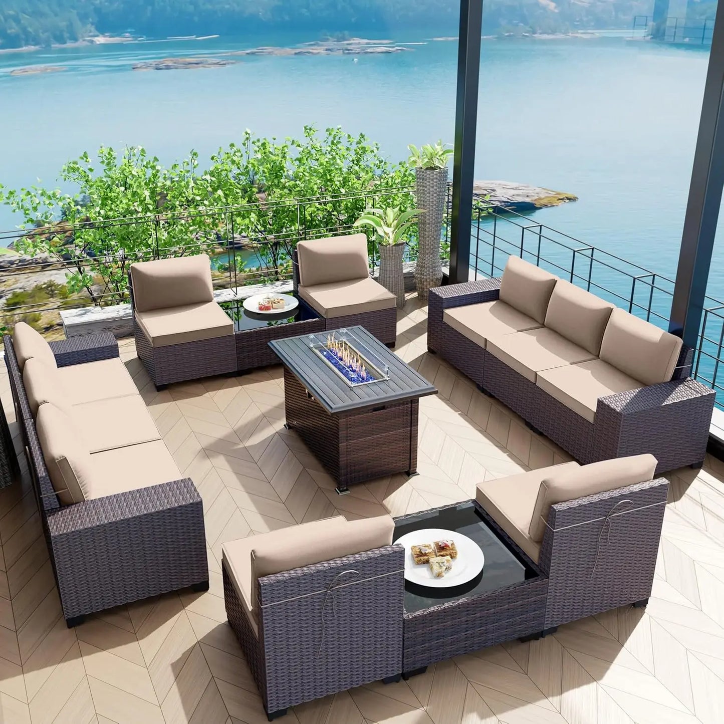 13 Pieces Outdoor Patio Furniture Set with 43" 55000BTU Gas Propane Fire Pit Table PE Wicker Rattan Sectional Sofa Patio