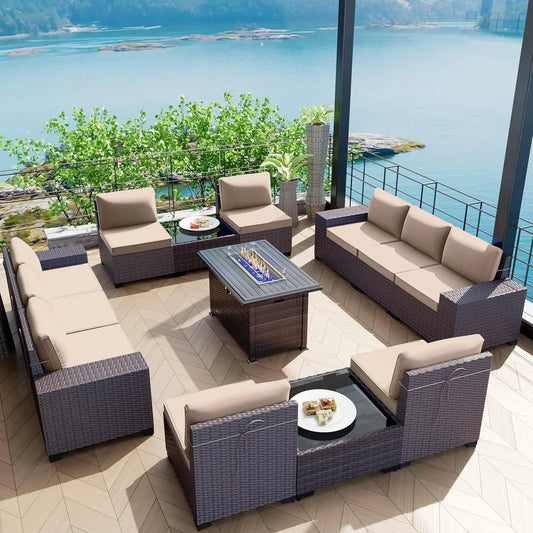 13 Pieces Outdoor Patio Furniture Set with 43" 55000BTU Gas Propane Fire Pit Table PE Wicker Rattan Sectional Sofa Patio